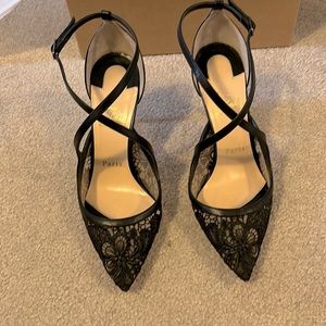 Christian Louboutin Black Lace And Fabric Twistissima Pointed Toe Ankle Strap